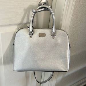 Michael Kors Cindy Silver Dome Medium Satchel Crossbody